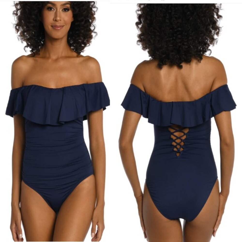La Blanca Island Goddess One Piece Off Shoulder Ruffles Swimsuit Indigo Size 16